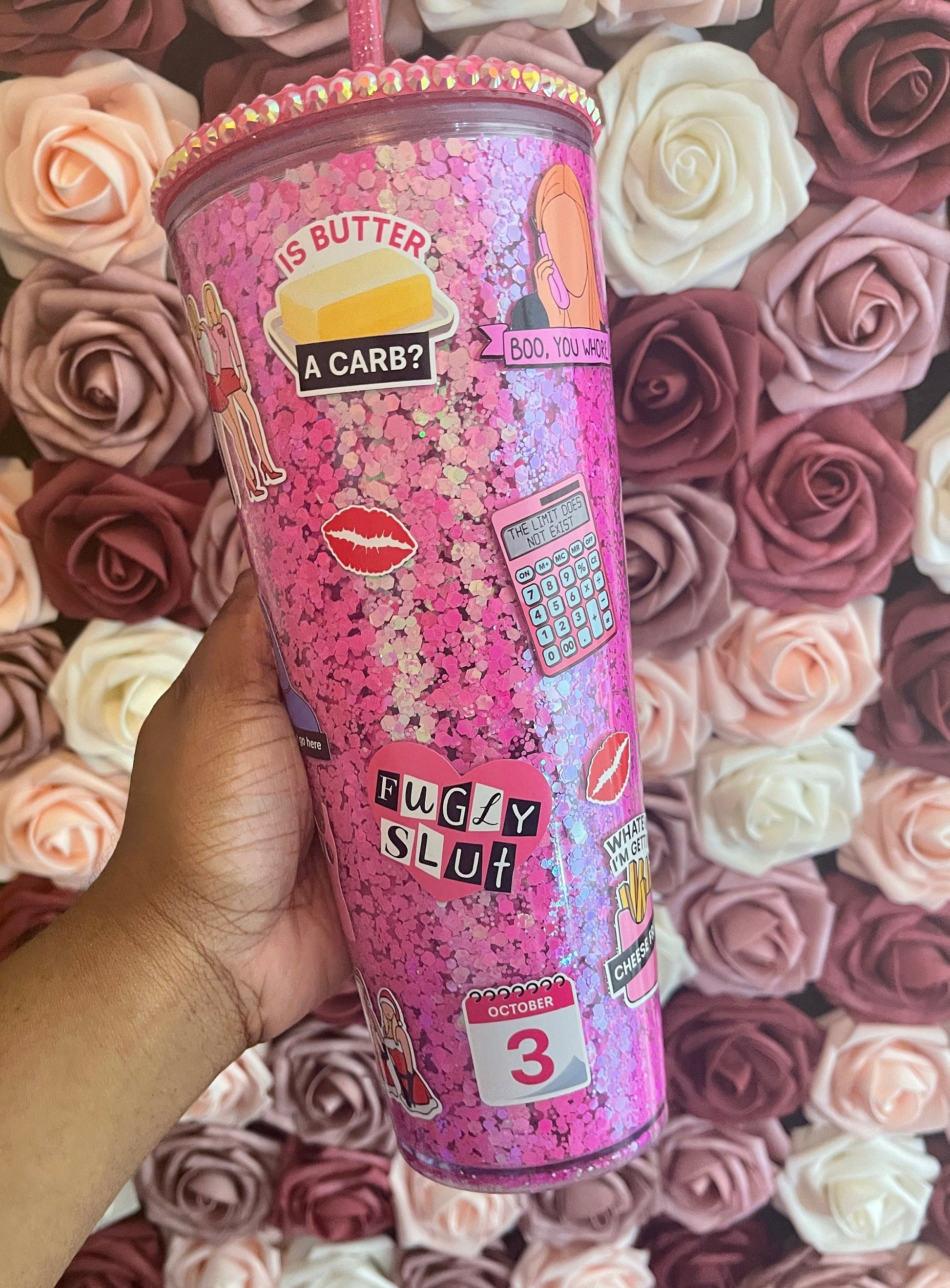 Mean Girls Hot Pink Glitter Walled Tumbler, Ornament Glitter Style Tumbler, Glitter Tumbler