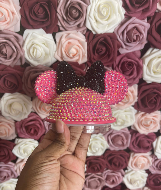 Hot Pink with Black Bow Full Bling Rhinestone Mouse Ear Lid, Lid Add On, Replacement Lid, Extra Lid, Fits Starbucks Tumblers