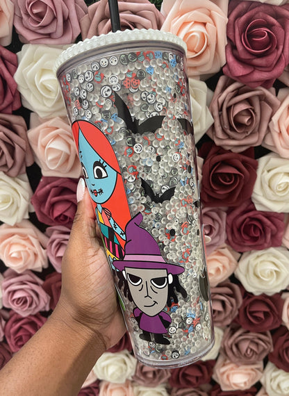 Halloween Nightmare Mix Glow in the Dark Rhinestone Filled Tumbler, Rhinestone Lid, Reverse Rhinestones 24 oz