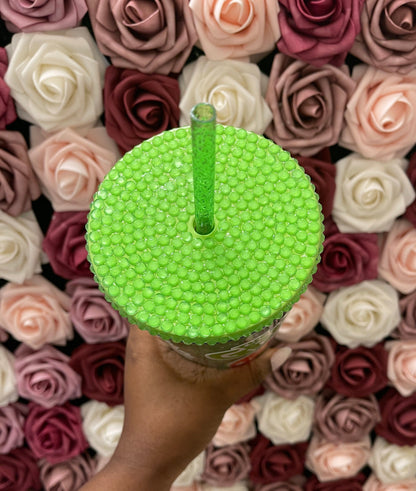 Christmas Green Meanie Glow in the Dark Rhinestone Filled Tumbler, Rhinestone Lid, Reverse Rhinestones 24 oz