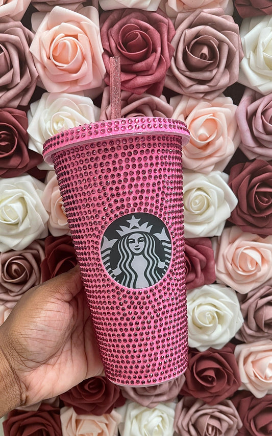 Flamingo Pink with Rose Pink Rhinestones Starbucks Cold Cup Rhinestone Bling Bedazzled Glitter Tumbler, 24 oz Reusable Plastic