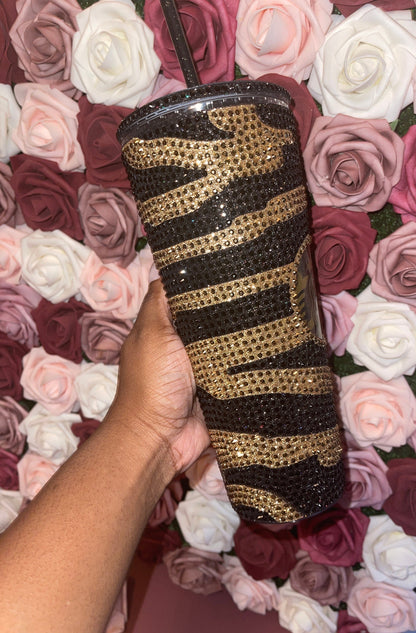 Striped Galaxy Black & Gold| Gold and Jet Black Rhinestones Full Glitter Bling Venti Acrylic Starbucks Tumbler 24oz