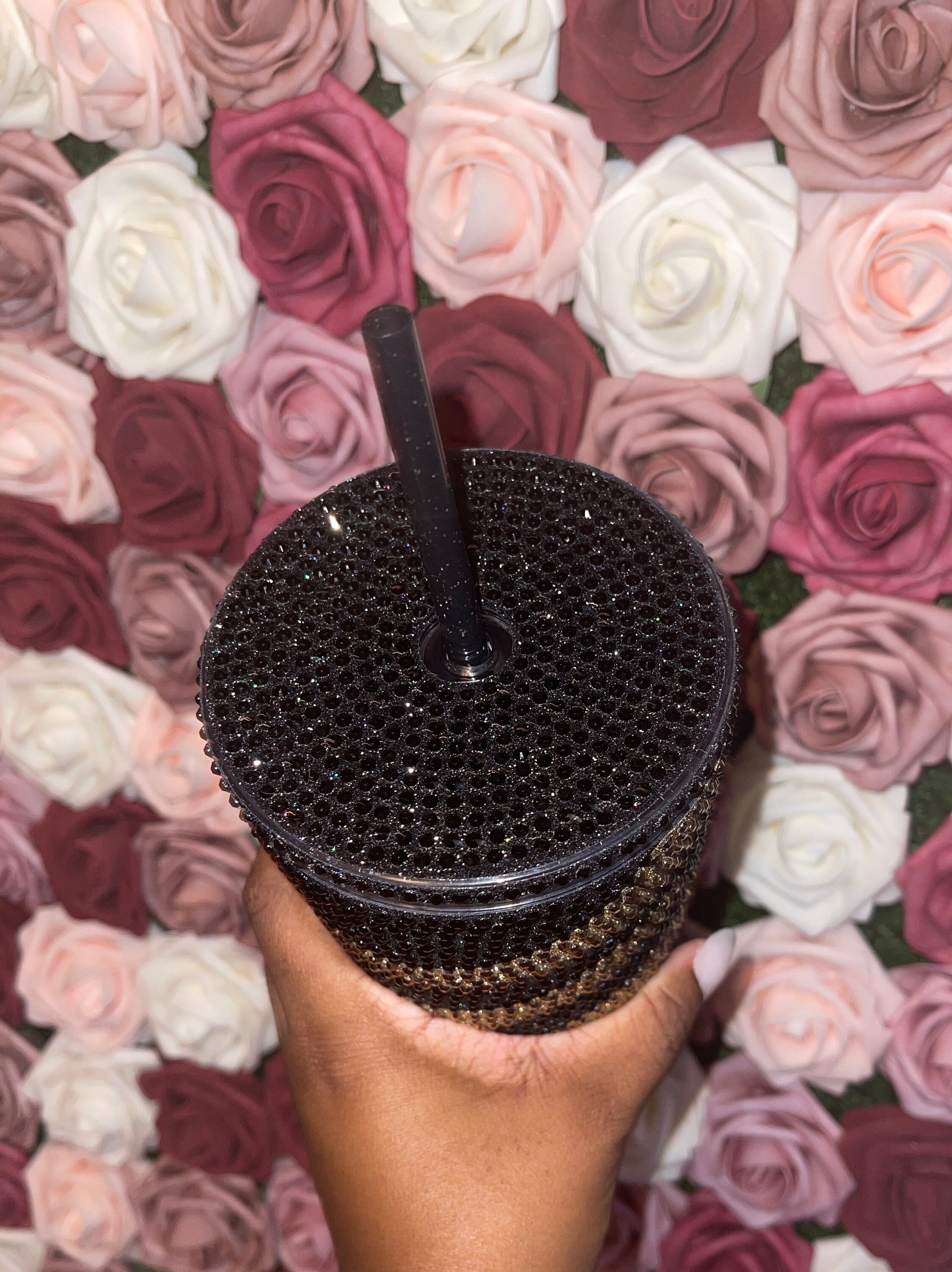 Striped Galaxy Black & Gold| Gold and Jet Black Rhinestones Full Glitter Bling Venti Acrylic Starbucks Tumbler 24oz