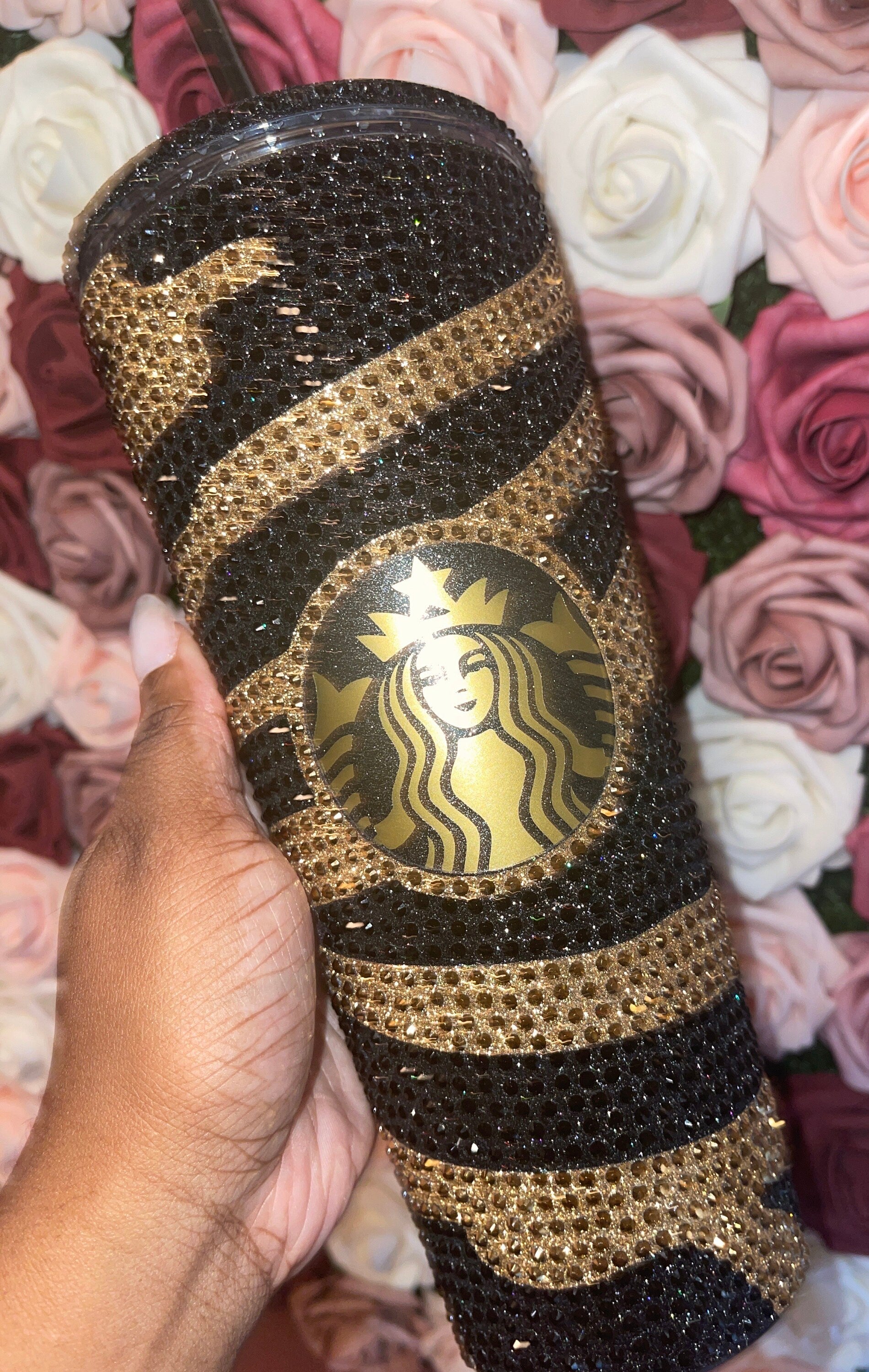 Striped Galaxy Black & Gold| Gold and Jet Black Rhinestones Full Glitter Bling Venti Acrylic Starbucks Tumbler 24oz