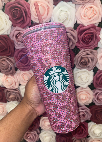 Flamingo Pink & Rose Gold Glitter HTV with Rose Pink AB Rhinestones Cheetah Leopard Print Vinyl Full Bling Venti Acrylic Starbucks Tumbler