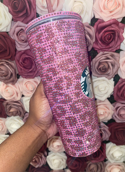 Flamingo Pink & Rose Gold Glitter HTV with Rose Pink AB Rhinestones Cheetah Leopard Print Vinyl Full Bling Venti Acrylic Starbucks Tumbler