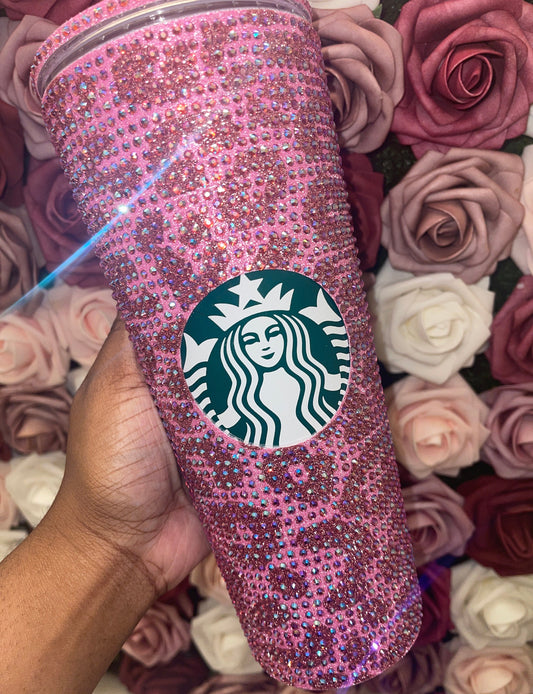 Flamingo Pink & Rose Gold Glitter HTV with Rose Pink AB Rhinestones Cheetah Leopard Print Vinyl Full Bling Venti Acrylic Starbucks Tumbler