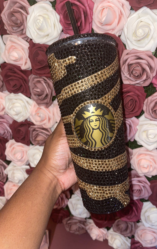 Striped Galaxy Black & Gold| Gold and Jet Black Rhinestones Full Glitter Bling Venti Acrylic Starbucks Tumbler 24oz