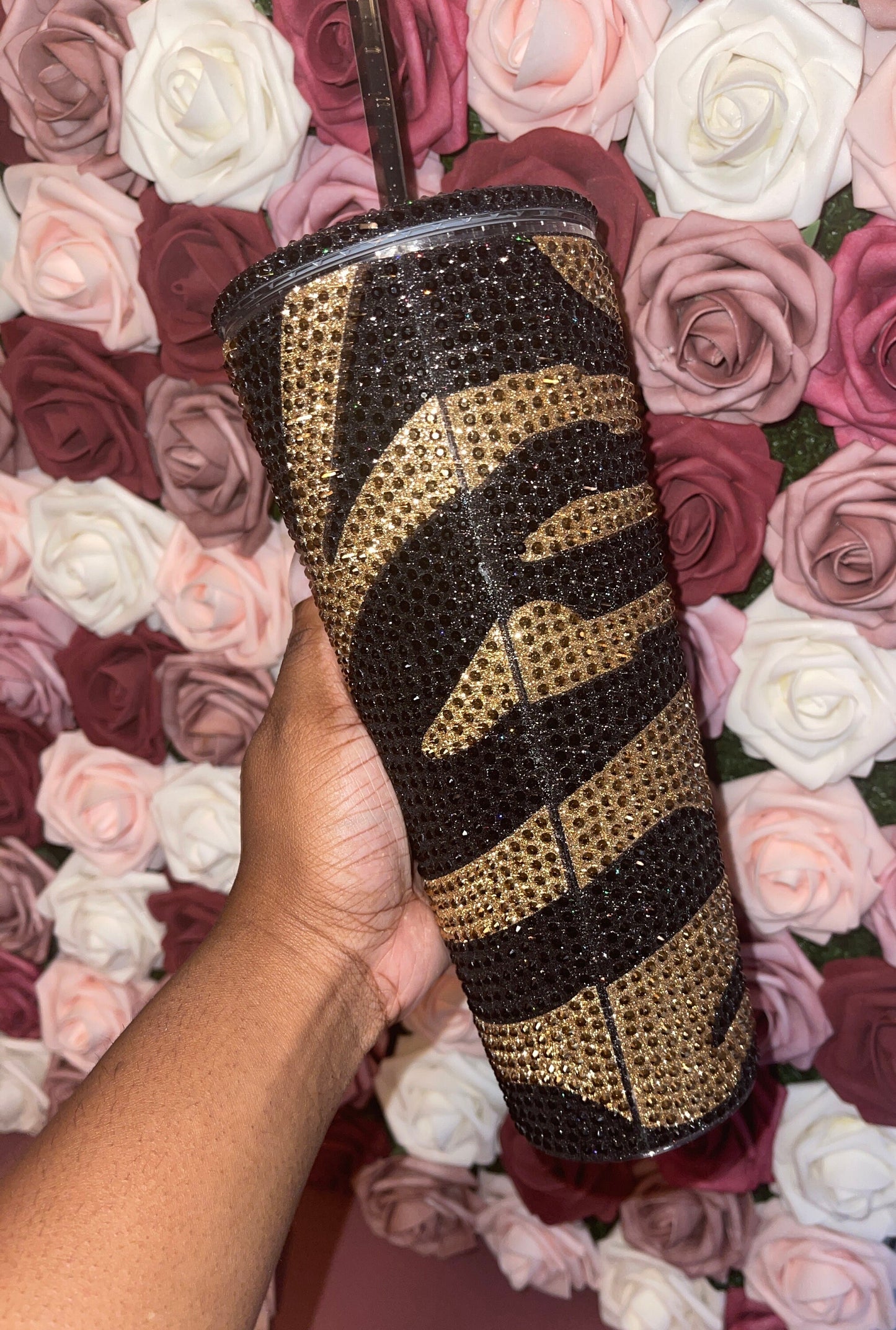 Striped Galaxy Black & Gold| Gold and Jet Black Rhinestones Full Glitter Bling Venti Acrylic Starbucks Tumbler 24oz