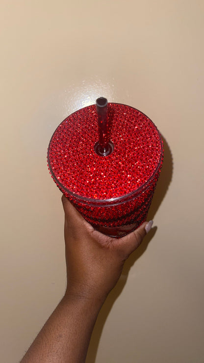 Striped Red & Black Vinyl| LT. Siam and Black Rhinestones Full Glitter Bling Venti Acrylic Starbucks Tumbler 24oz