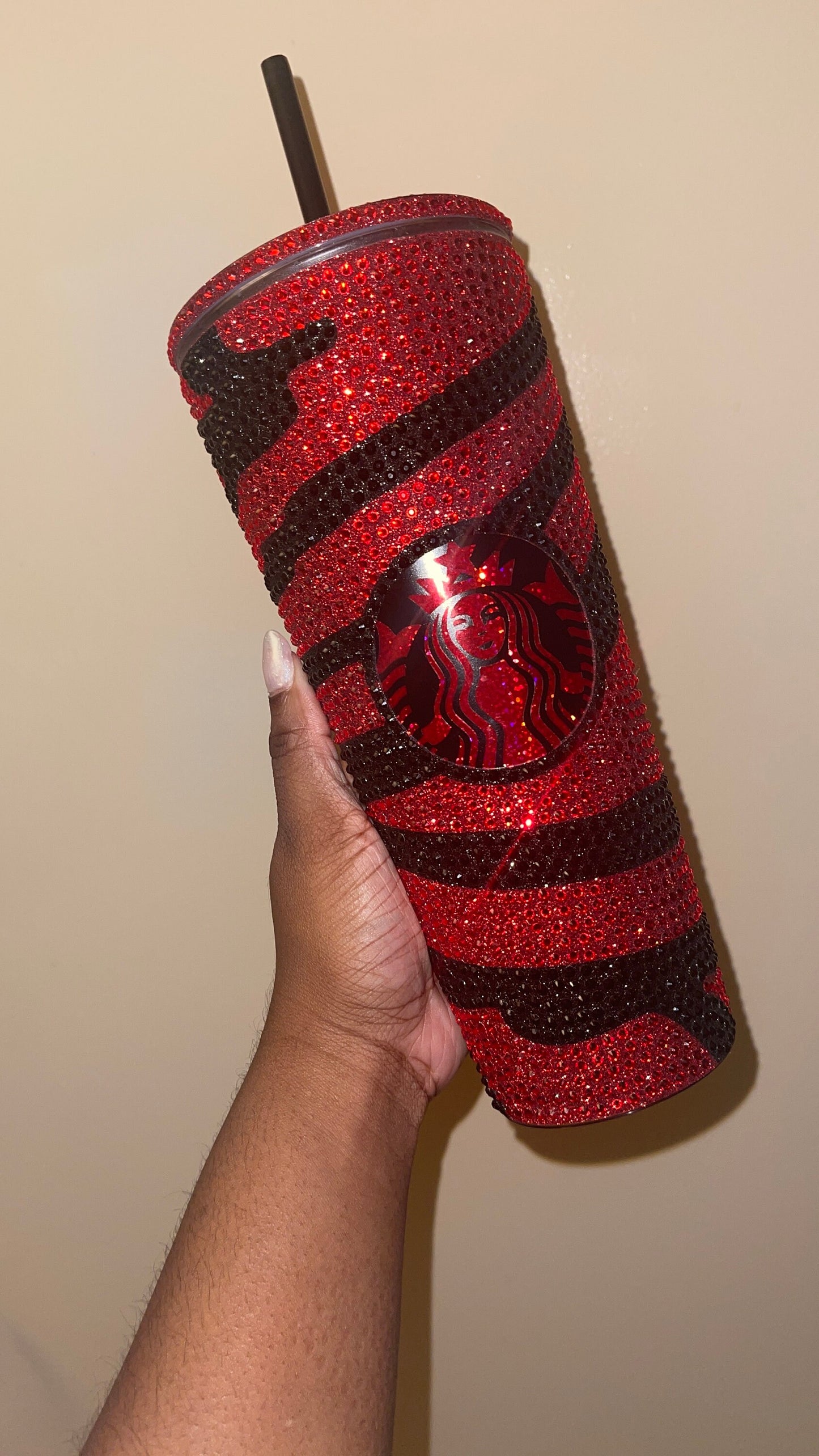 Striped Red & Black Vinyl| LT. Siam and Black Rhinestones Full Glitter Bling Venti Acrylic Starbucks Tumbler 24oz