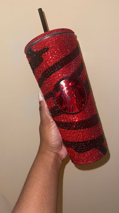 Striped Red & Black Vinyl| LT. Siam and Black Rhinestones Full Glitter Bling Venti Acrylic Starbucks Tumbler 24oz