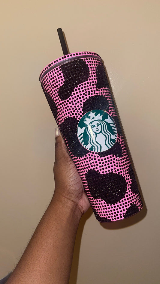 Neon Pink & Black Rhinestones Cow Print Full Bling Venti Acrylic Tumbler 16 or 24oz