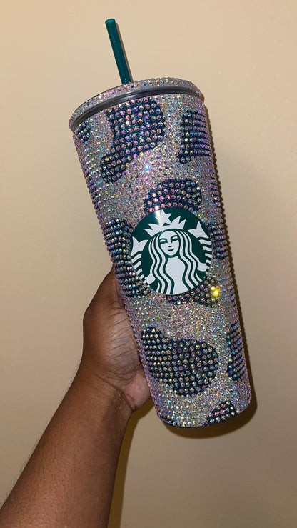 Silver Cow Print with Lagoon Vinyl Cow Spots with Crystal AB Rhinestones Full Bling Venti Acrylic Starbucks Tumbler 16 or 24oz