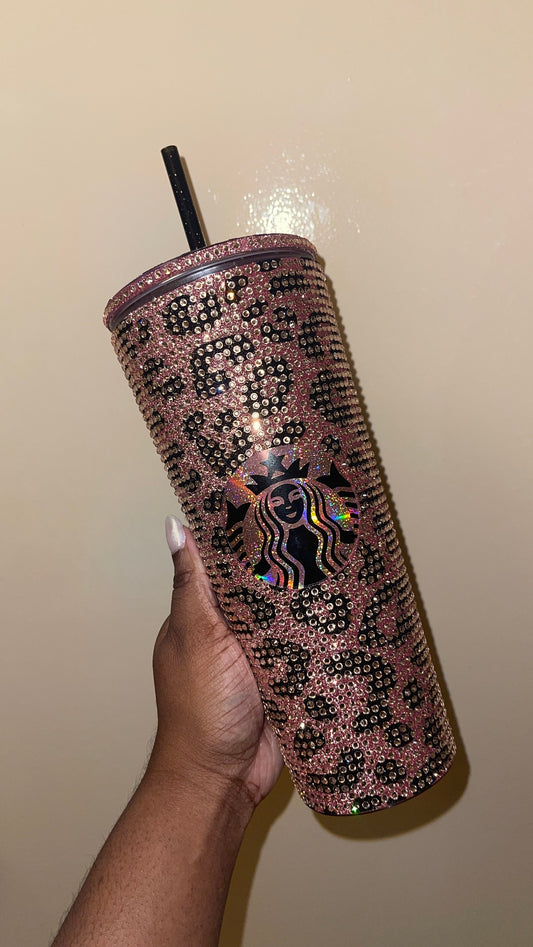 Rose Gold & Black Glitter HTV with Peach Rhinestones Cheetah Leopard Print Vinyl Full Bling Venti Acrylic Tumbler