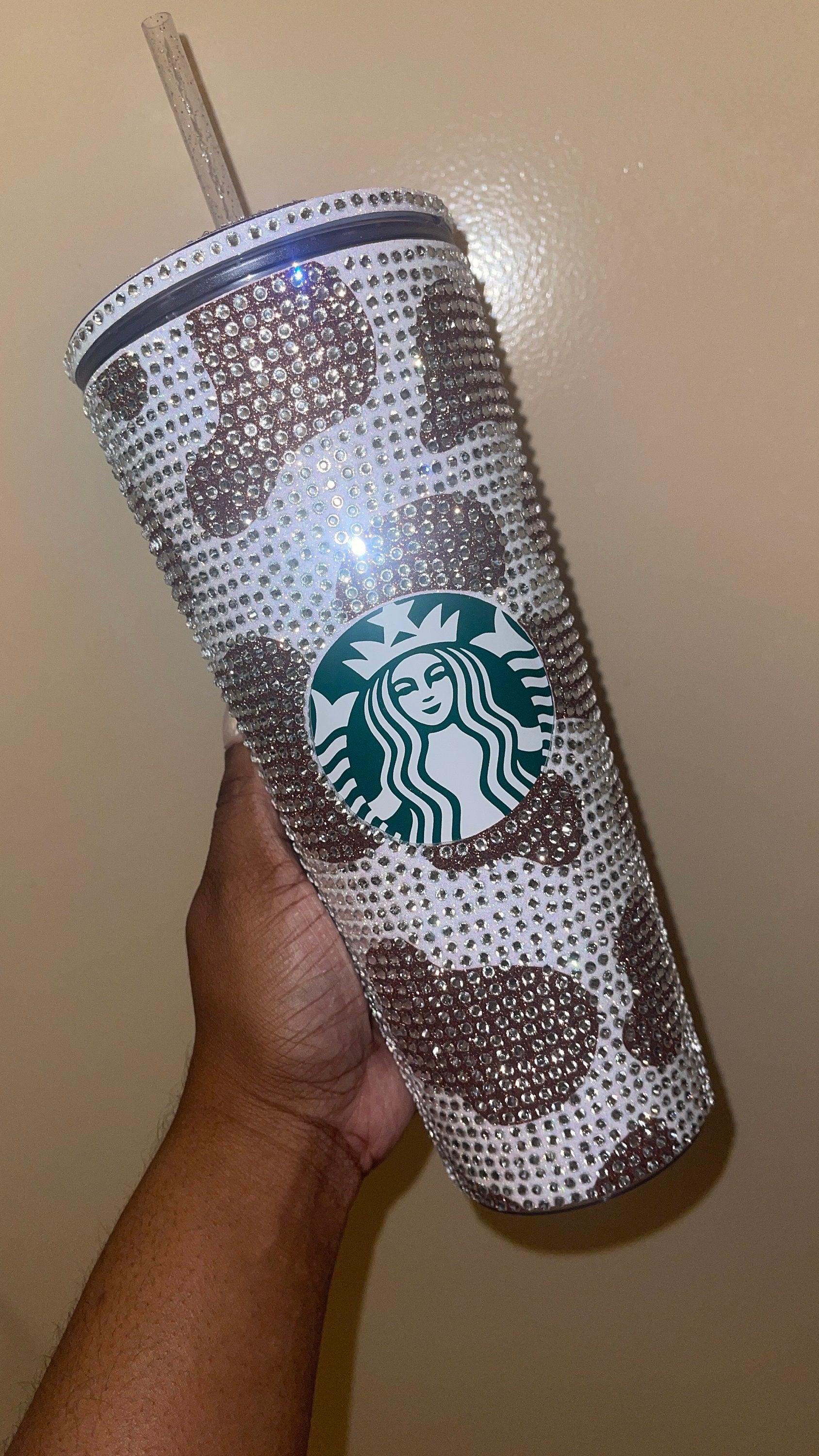 Champagne Cow Print Rainbow White with Peach Rhinestones Full Bling Venti Acrylic Starbucks Tumbler 16 or 24oz