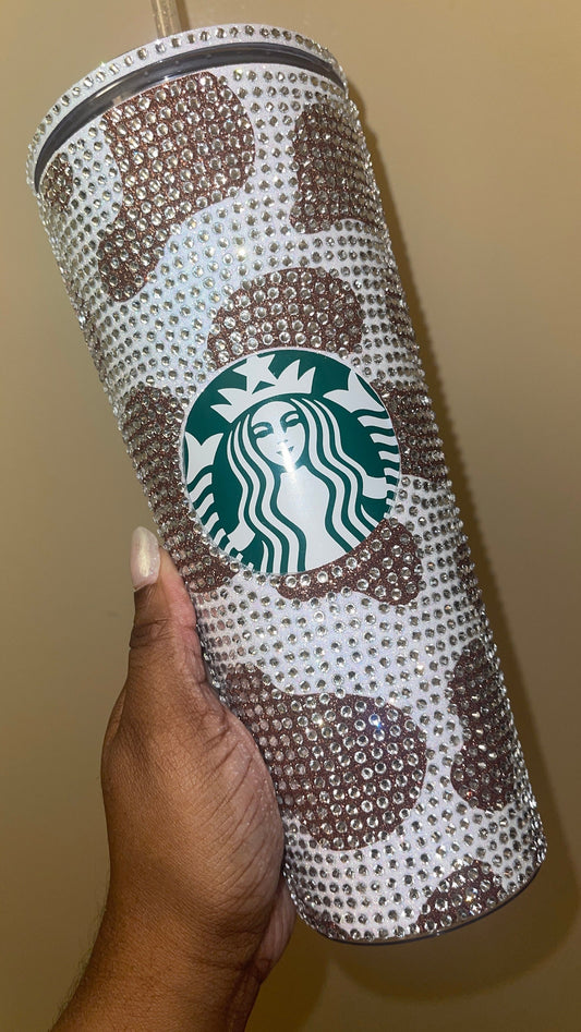 Champagne Cow Print Rainbow White with Peach Rhinestones Full Bling Venti Acrylic Starbucks Tumbler 16 or 24oz