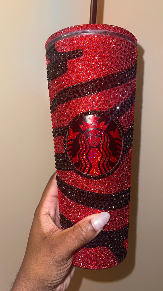 Striped Red & Black Vinyl| LT. Siam and Black Rhinestones Full Glitter Bling Venti Acrylic Starbucks Tumbler 24oz