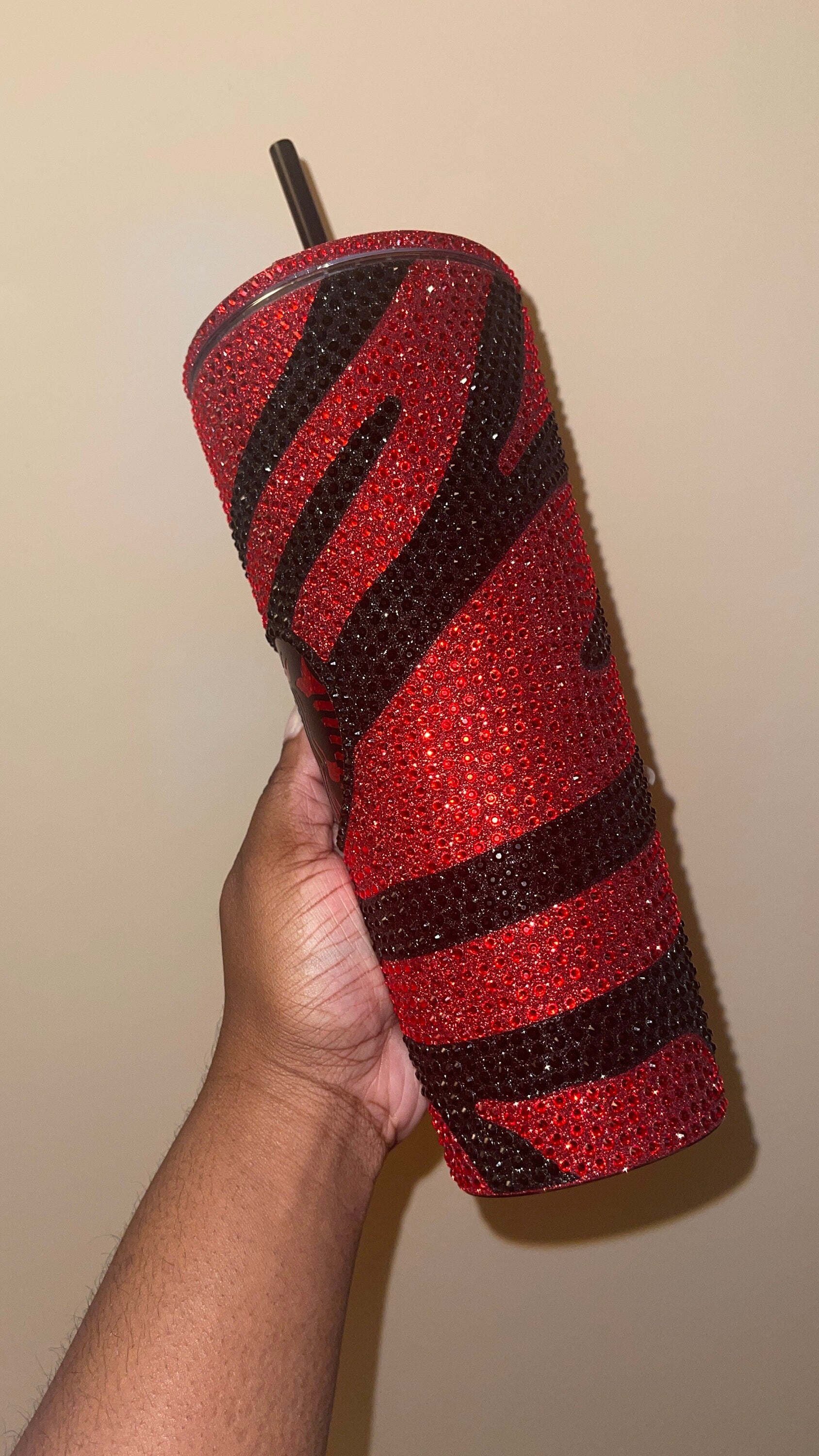 Striped Red & Black Vinyl| LT. Siam and Black Rhinestones Full Glitter Bling Venti Acrylic Starbucks Tumbler 24oz