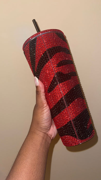 Striped Red & Black Vinyl| LT. Siam and Black Rhinestones Full Glitter Bling Venti Acrylic Starbucks Tumbler 24oz