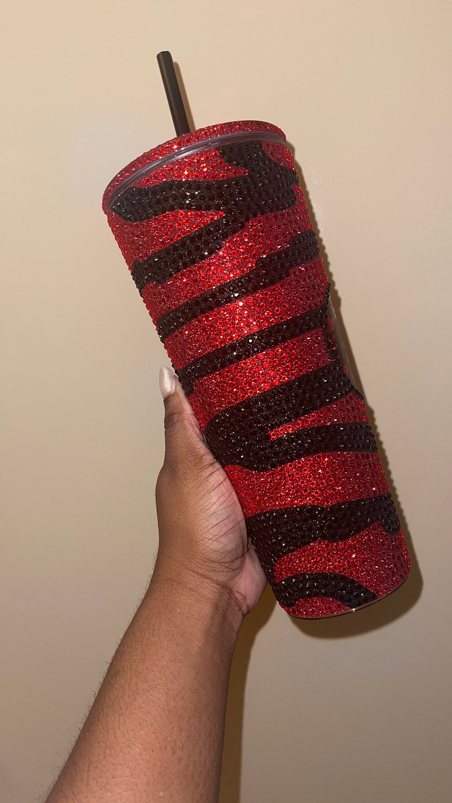 Striped Red & Black Vinyl| LT. Siam and Black Rhinestones Full Glitter Bling Venti Acrylic Starbucks Tumbler 24oz