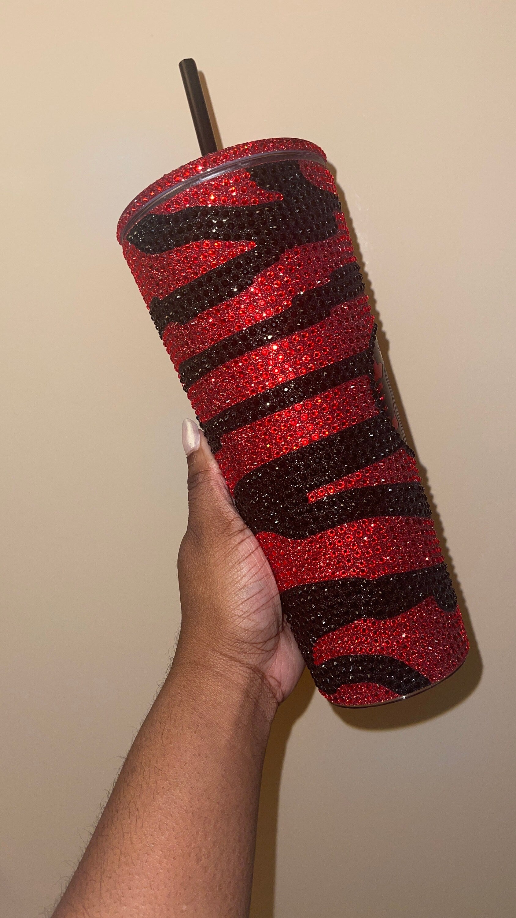 Striped Red & Black Vinyl| LT. Siam and Black Rhinestones Full Glitter Bling Venti Acrylic Starbucks Tumbler 24oz