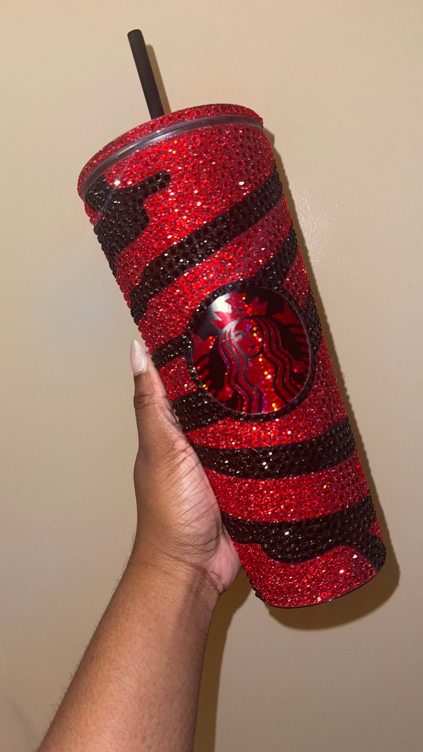 Striped Red & Black Vinyl| LT. Siam and Black Rhinestones Full Glitter Bling Venti Acrylic Starbucks Tumbler 24oz