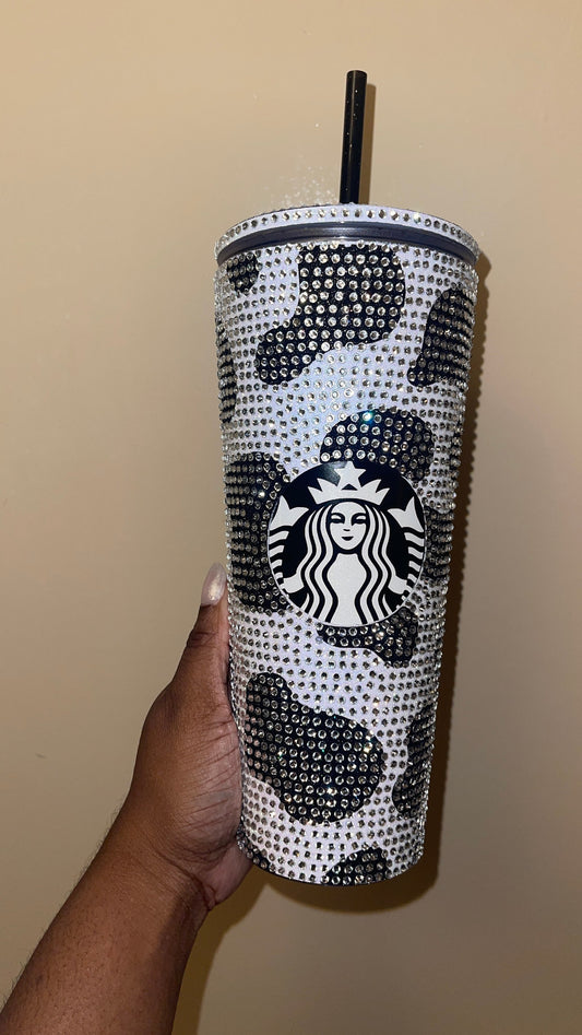 Black Cow Print Rainbow White with Black Vinyl Cow Spots with Crystal Rhinestones Full Bling Venti Acrylic Starbucks Tumbler 16 or 24oz