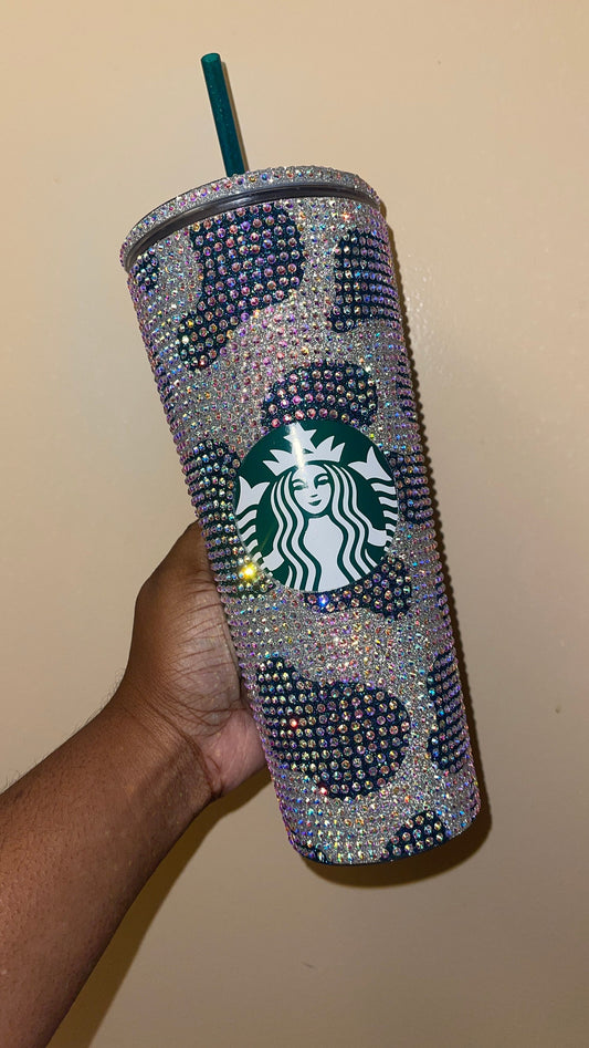 Silver Cow Print with Lagoon Vinyl Cow Spots with Crystal AB Rhinestones Full Bling Venti Acrylic Starbucks Tumbler 16 or 24oz