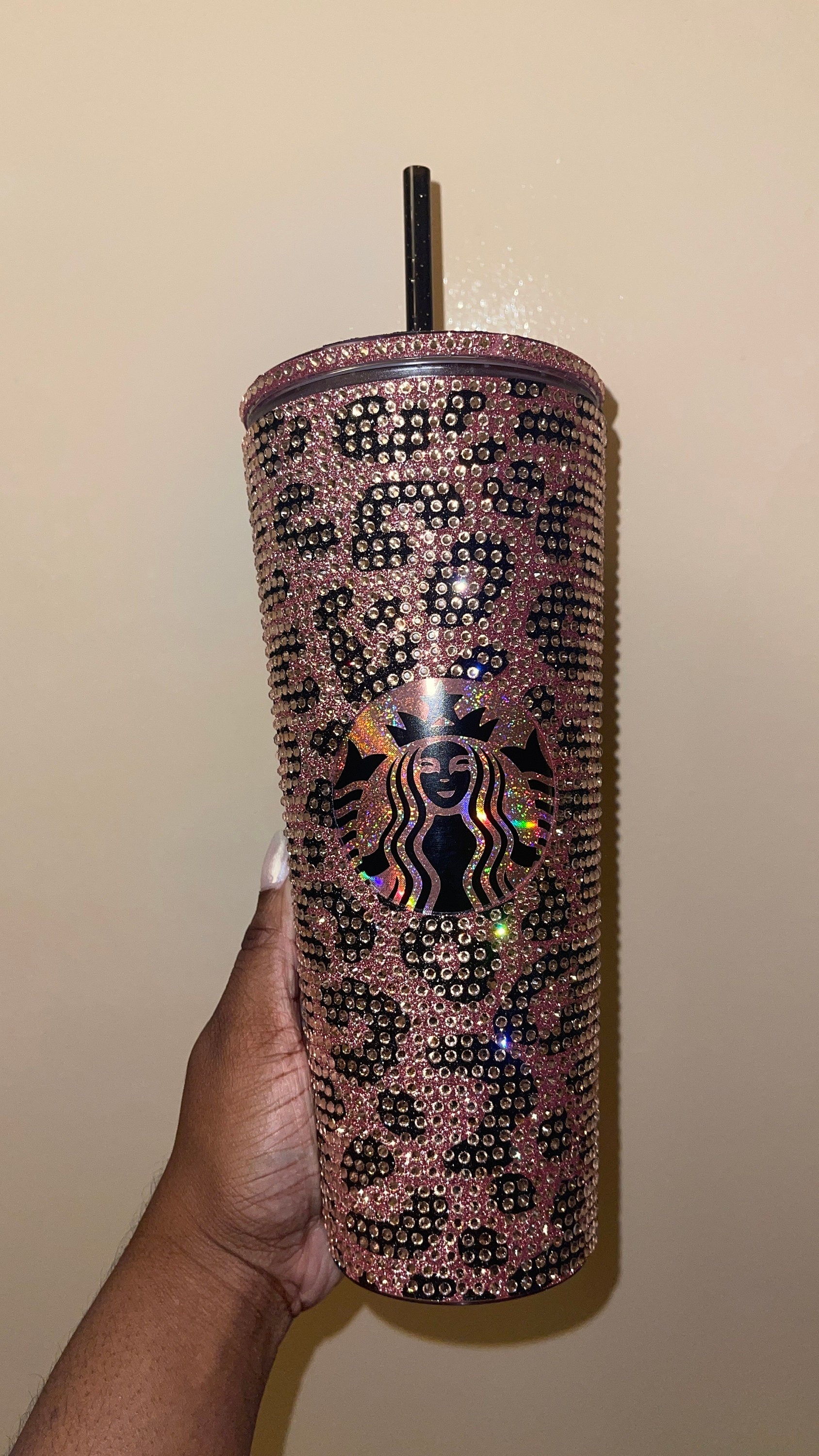 Rose Gold & Black Glitter HTV with Peach Rhinestones Cheetah Leopard Print Vinyl Full Bling Venti Acrylic Tumbler