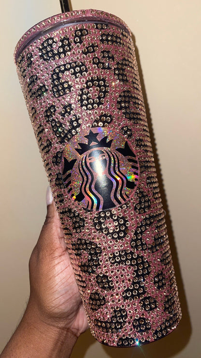 Rose Gold & Black Glitter HTV with Peach Rhinestones Cheetah Leopard Print Vinyl Full Bling Venti Acrylic Tumbler