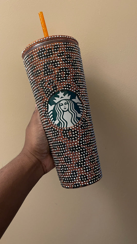 Copper & Black Glitter HTV with Silver Rhinestones Cheetah Leopard Print Vinyl Full Bling Venti Acrylic Tumbler