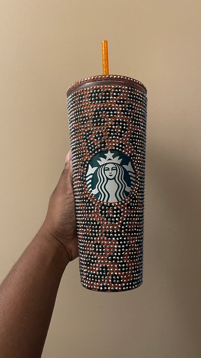 Copper & Black Glitter HTV with Silver Rhinestones Cheetah Leopard Print Vinyl Full Bling Venti Acrylic Tumbler