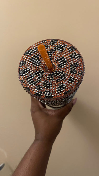 Copper & Black Glitter HTV with Silver Rhinestones Cheetah Leopard Print Vinyl Full Bling Venti Acrylic Tumbler