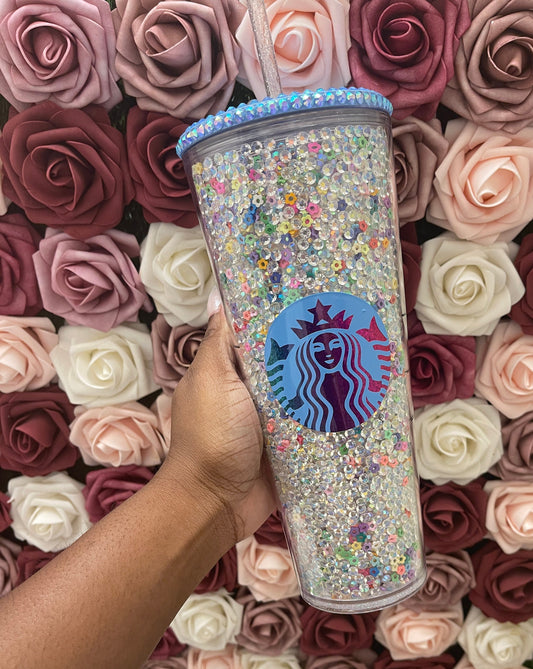 Starbucks Clear AB Rhinestones with Colorful Flower Polymer Clay Rhinestone Filled Tumbler