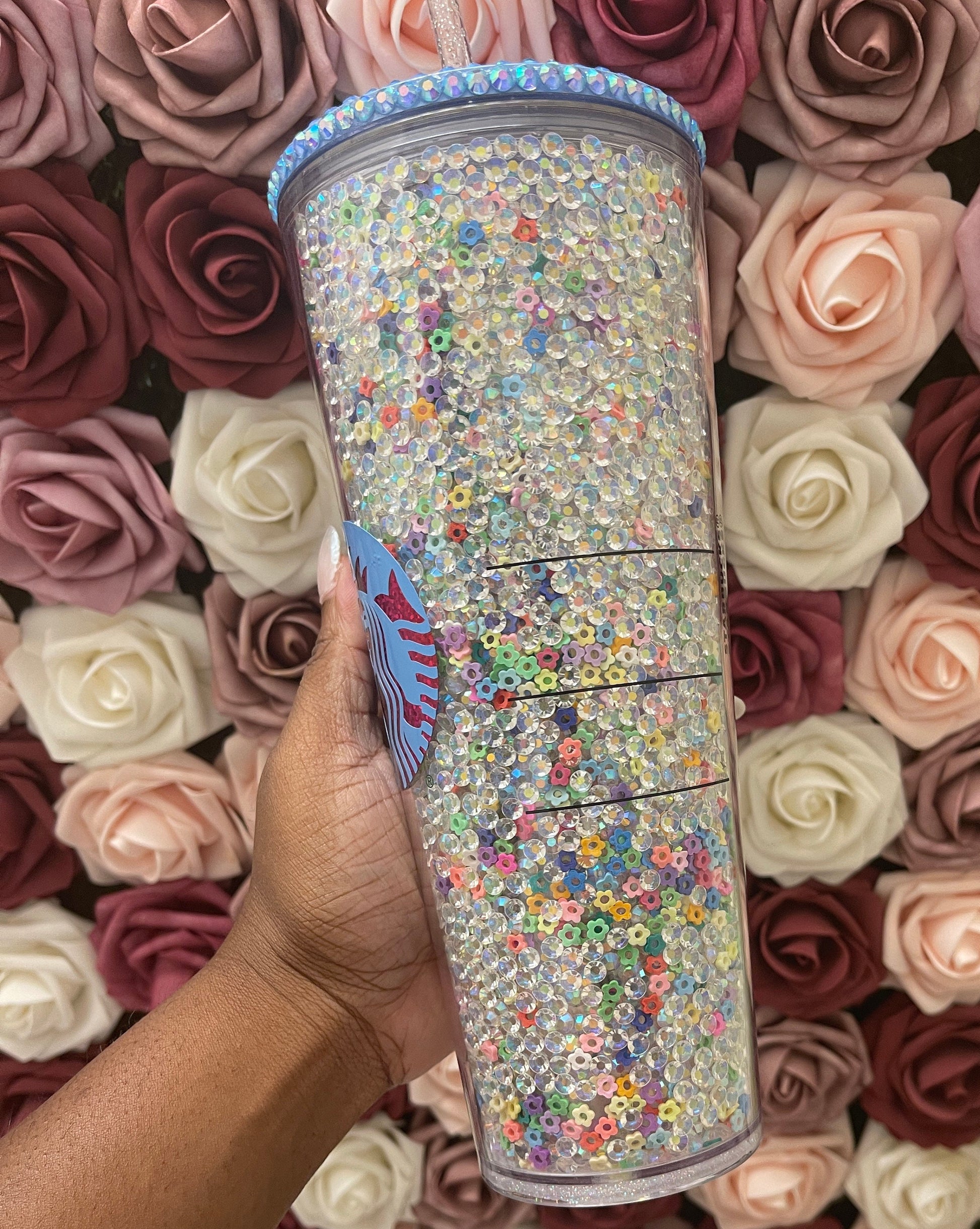 Starbucks Clear AB Rhinestones with Colorful Flower Polymer Clay,Rhinestone Filled Tumbler,Rhinestone Lid