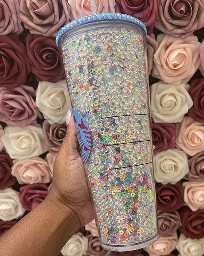 Starbucks Clear AB Rhinestones with Colorful Flower Polymer Clay,Rhinestone Filled Tumbler,Rhinestone Lid