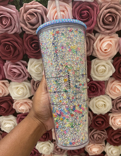 Starbucks Clear AB Rhinestones with Colorful Flower Polymer Clay,Rhinestone Filled Tumbler,Rhinestone Lid
