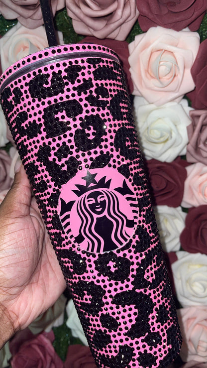 Neon Pink and Black Glitter HTV with Black Rhinestones Cheetah Leopard Print Vinyl & Rhinestone Full Bling Venti Acrylic Tumbler 24oz