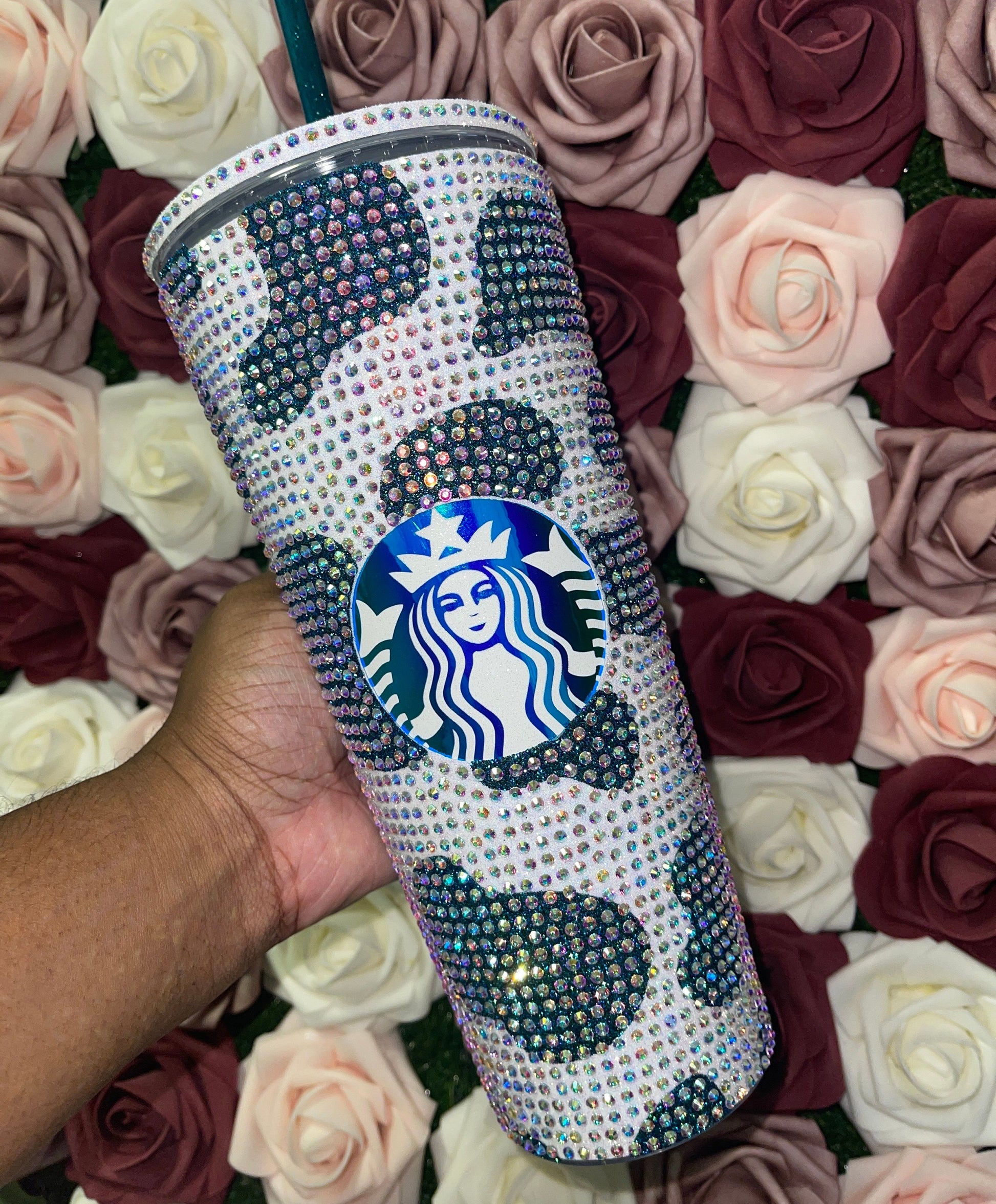 Rainbow White Cow Print with Lagoon Vinyl Cow Spots with Crystal AB Rhinestones Full Bling Venti Acrylic Starbucks Tumbler 16 or 24oz