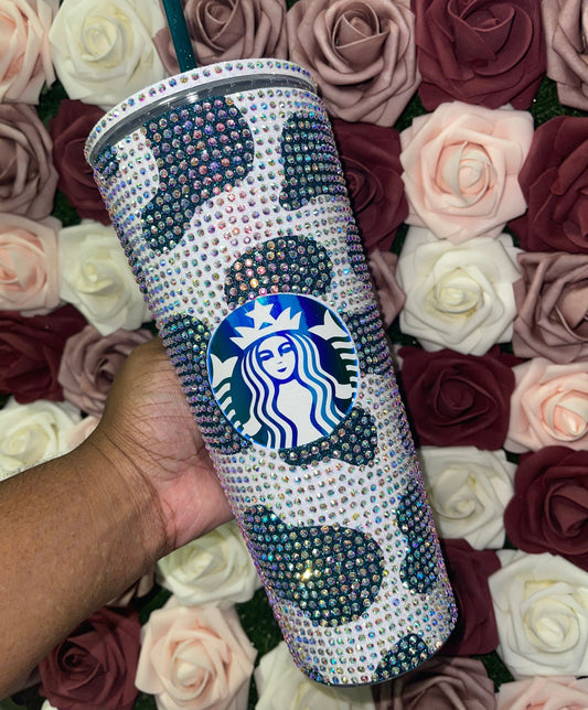 Rainbow White Cow Print with Lagoon Vinyl Cow Spots with Crystal AB Rhinestones Full Bling Venti Acrylic Starbucks Tumbler 16 or 24oz