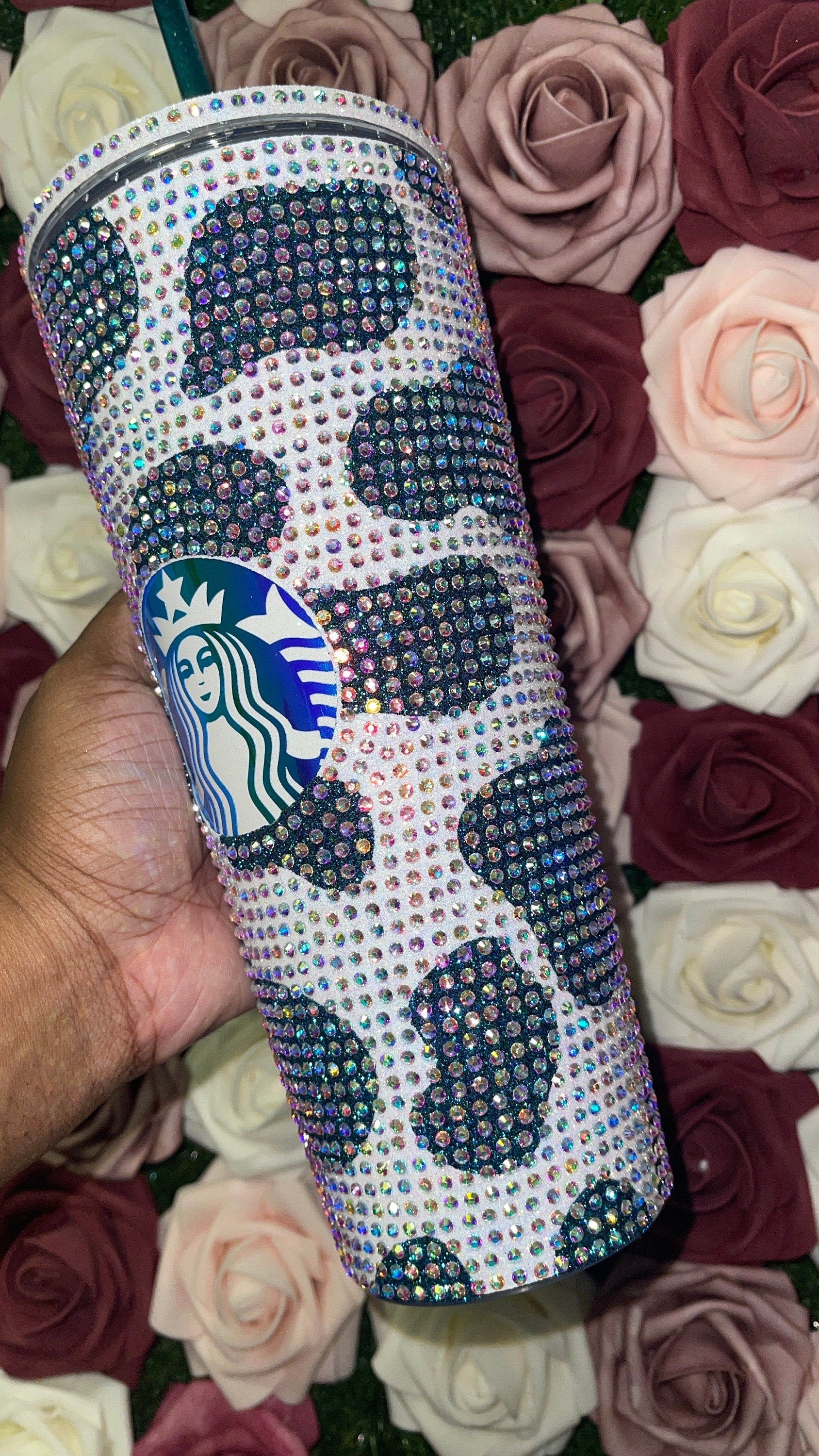 Rainbow White Cow Print with Lagoon Vinyl Cow Spots with Crystal AB Rhinestones Full Bling Venti Acrylic Starbucks Tumbler 16 or 24oz