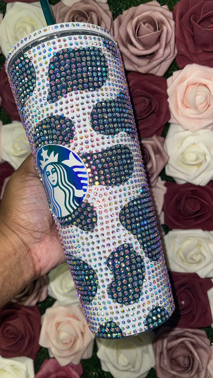 Rainbow White Cow Print with Lagoon Vinyl Cow Spots with Crystal AB Rhinestones Full Bling Venti Acrylic Starbucks Tumbler 16 or 24oz