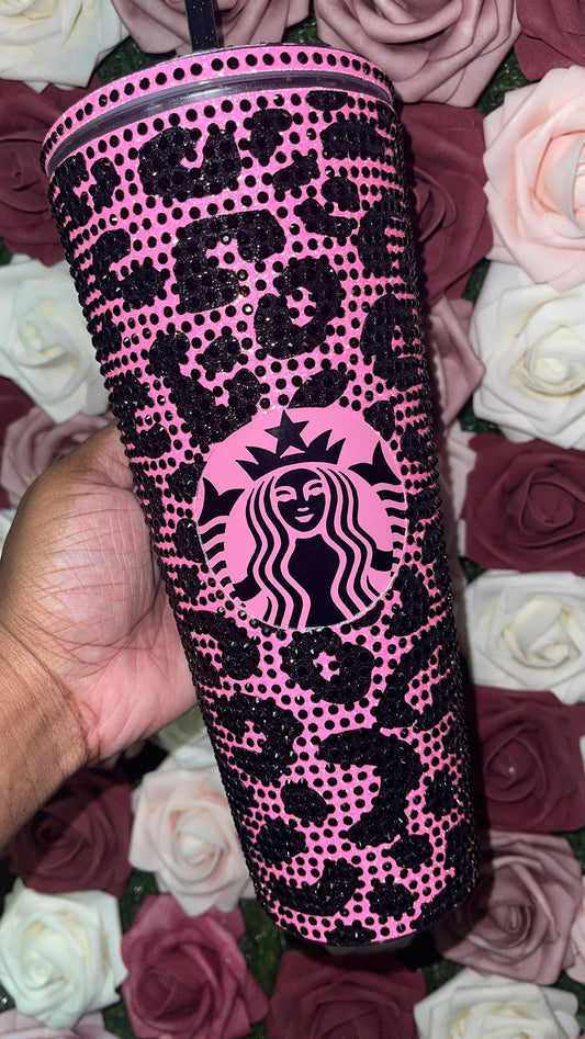 Neon Pink and Black Glitter HTV with Black Rhinestones Cheetah Leopard Print Vinyl & Rhinestone Full Bling Venti Acrylic Tumbler 24oz