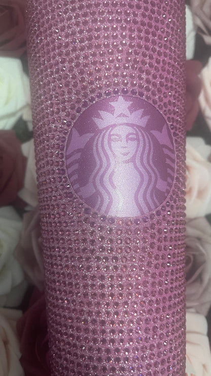Flamingo Pink Vinyl With Rose Pink Full Glitter Rhinestone Bling Venti Acrylic Starbucks Tumbler 24oz