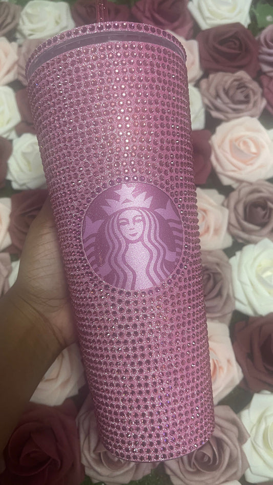 Flamingo Pink Vinyl With Rose Pink Full Glitter Rhinestone Bling Venti Acrylic Starbucks Tumbler 24oz