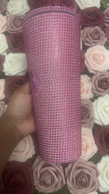Flamingo Pink Vinyl With Rose Pink Full Glitter Rhinestone Bling Venti Acrylic Starbucks Tumbler 24oz