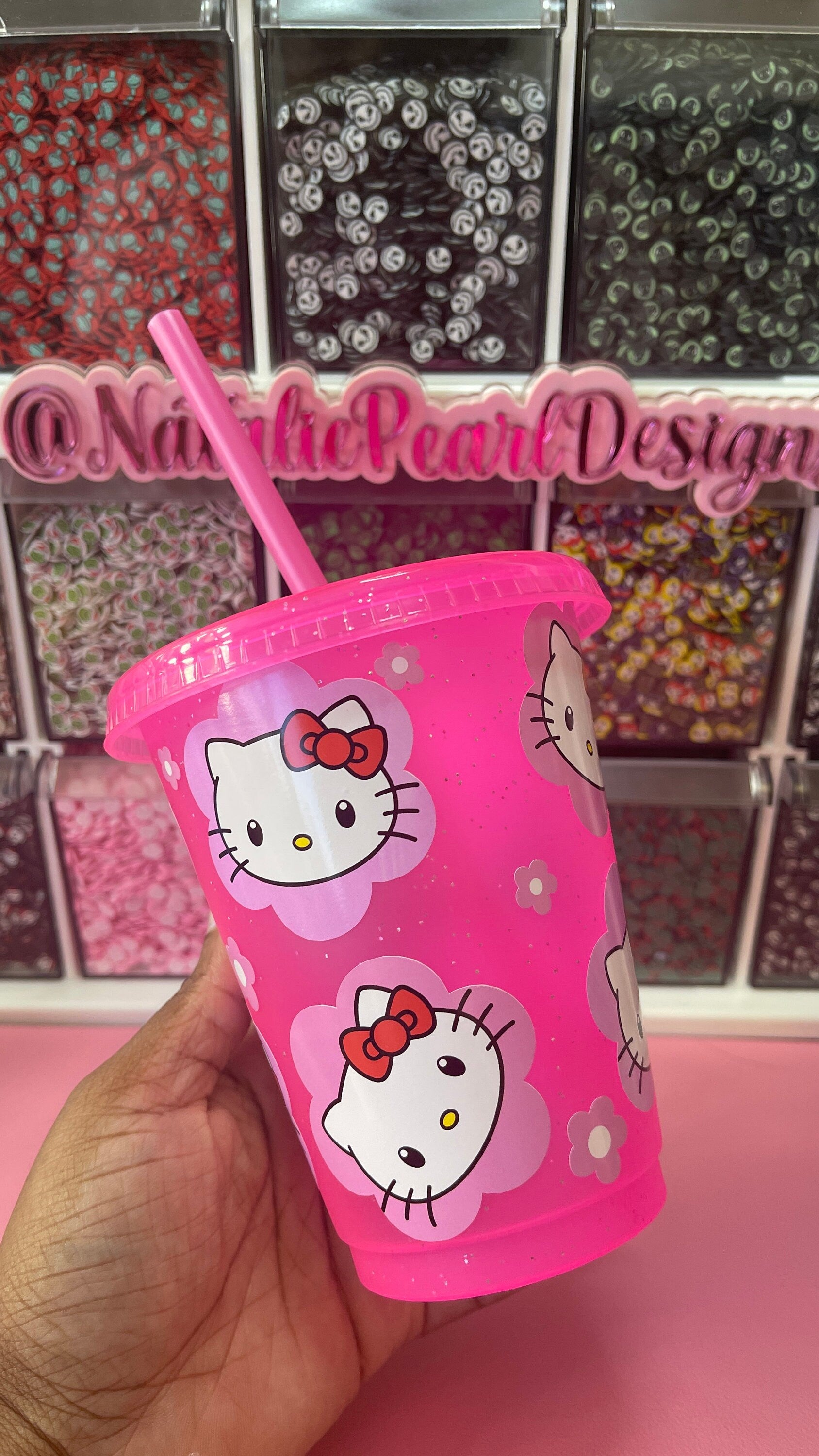 Kitty Cat Pink Glitter Cold Cup Tumbler, Mini Kids Cup, Mommy & Mini Cup, Grande Cold Cup