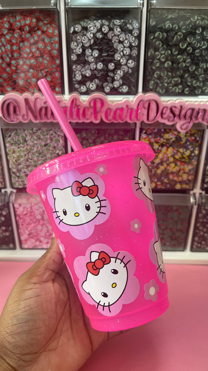 Kitty Cat Pink Glitter Cold Cup Tumbler, Mini Kids Cup, Mommy & Mini Cup, Grande Cold Cup