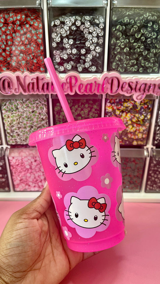 Kitty Cat Pink Glitter Cold Cup Tumbler, Mini Kids Cup, Mommy & Mini Cup, Grande Cold Cup